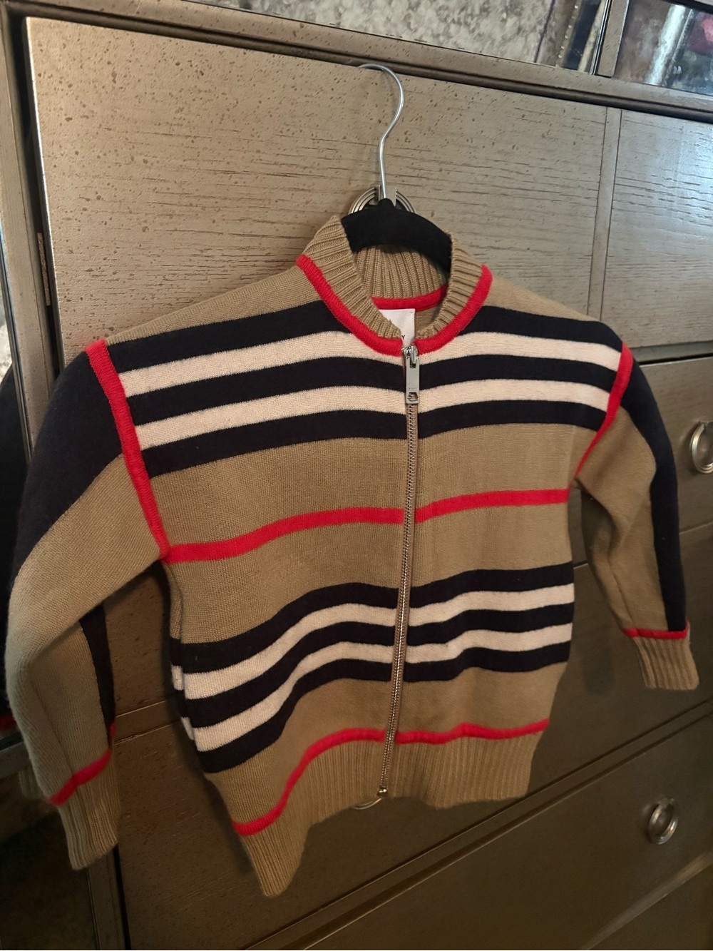 Authentic Burberry Unisex Zip-Front Striped Knit Jacket/Sweater Tan, black & Red